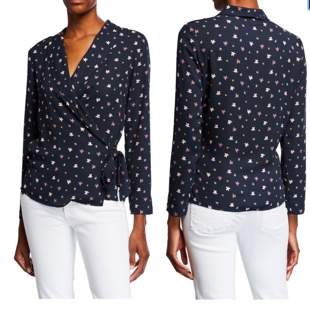 Finn & Grace Blue Floral Patterned Tie-Wrap Blouse Size M